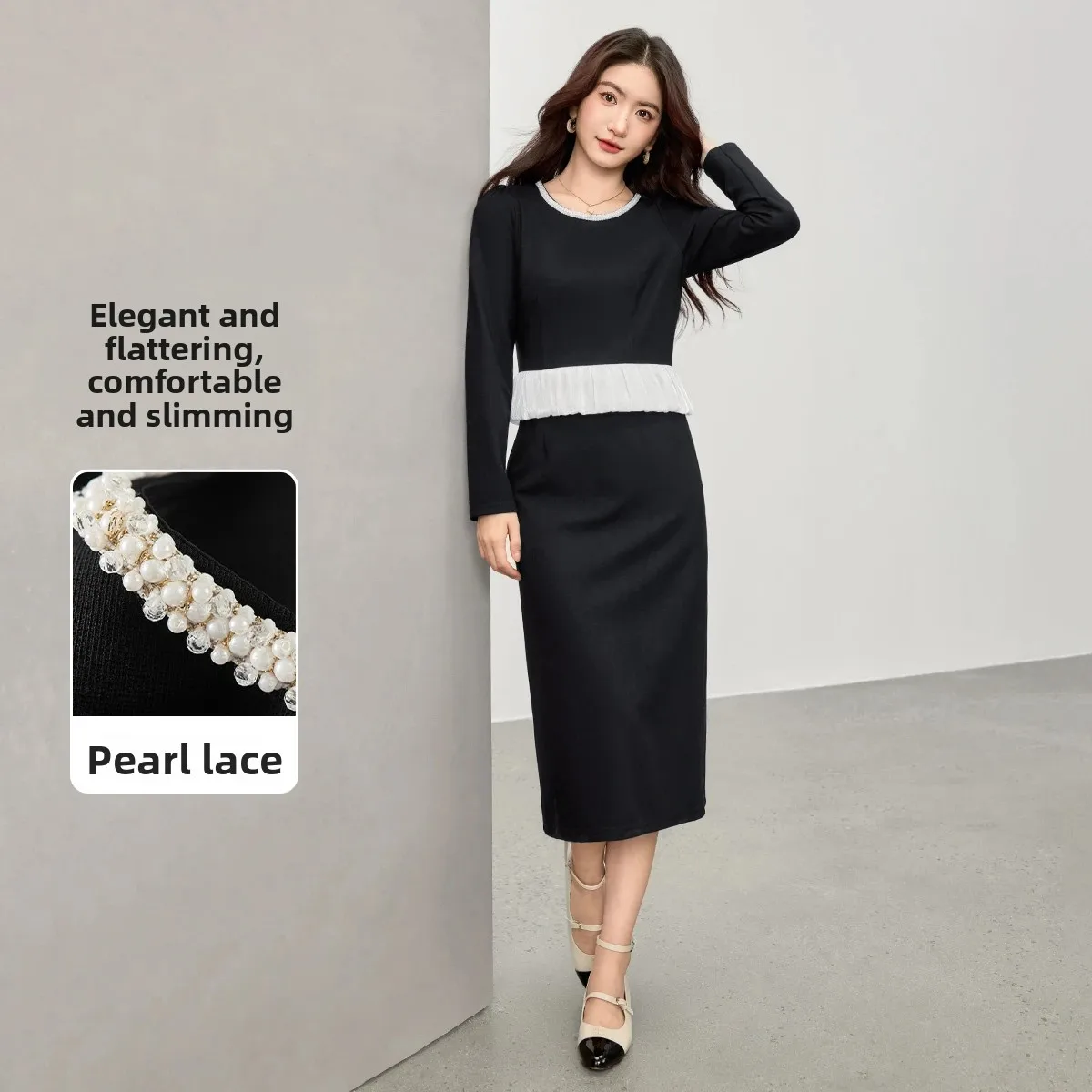 

SENTUBILA Elegant Contrast Color Dresses Woman Long Sleeve Knitted Dress Pearl-Trimmed Round Neck Women's Clothing 153LJ2687