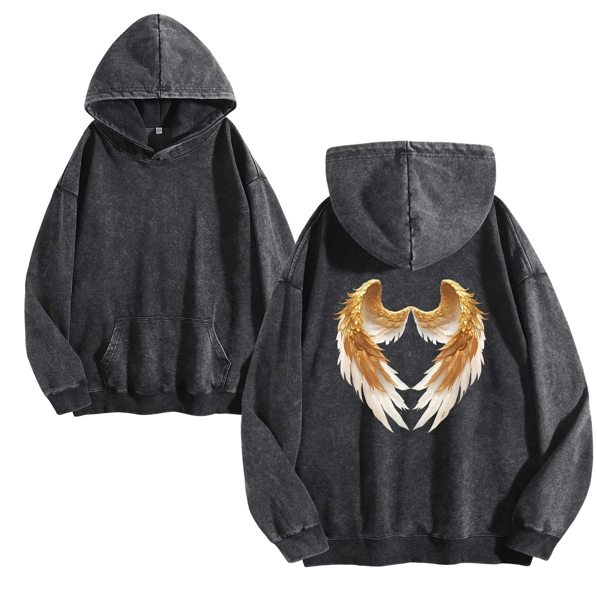 الذهبي أجنحة الظهر طباعة 400GSM خمر غسلها هوديي للجنسين المتضخم الشارع الشهير البلوز مجموعة الخريف/الشتاء #1