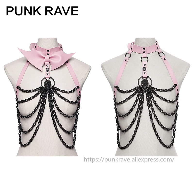 PUNK RAVE Women's Punk Bat Bow Skull Chest Chain Detachable Girlishness Rebellion  Cosplay Sexy Accessories BK-PI