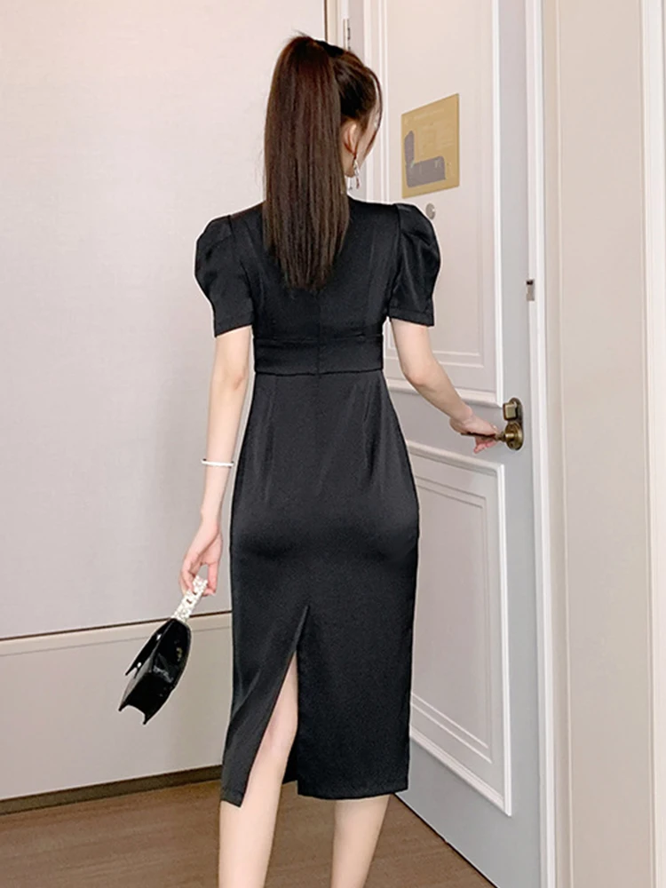 2023 Zomer Midi Vrouwen Jurk Zoete Elegante Zwarte Diamant Blauw Kant Gesplitst Bubble Korte Gewaad Femme Partij Straat Vestidos Mujer