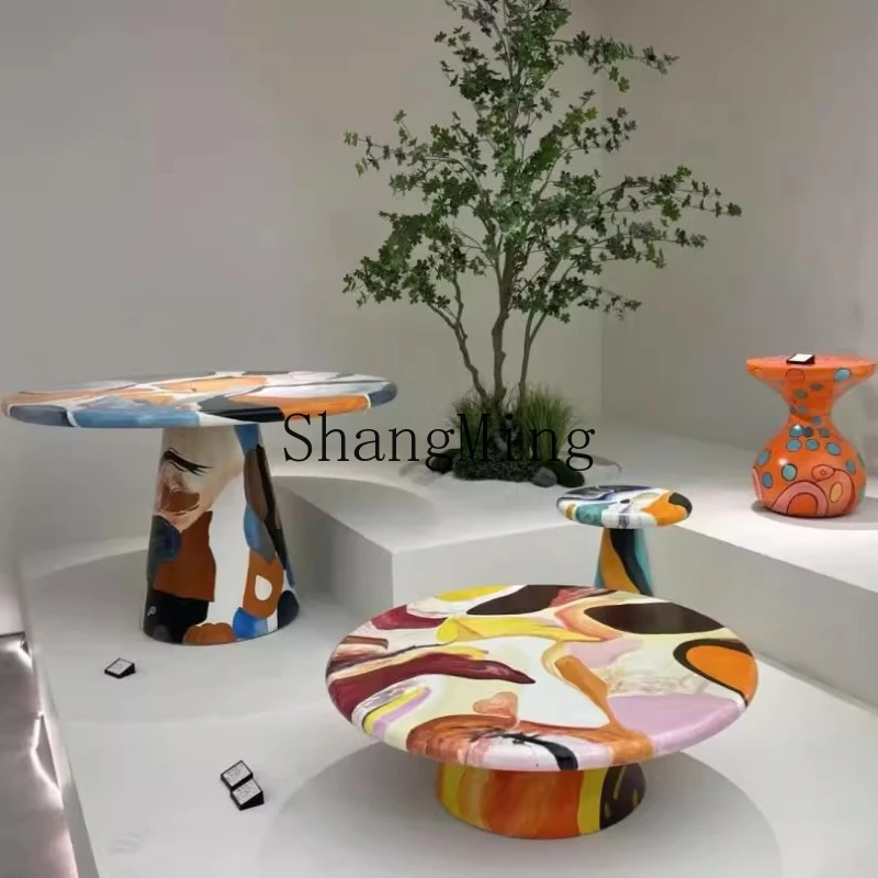

SM new high-end creative light luxury hand-painted solid wood living room oil painting round coffee table