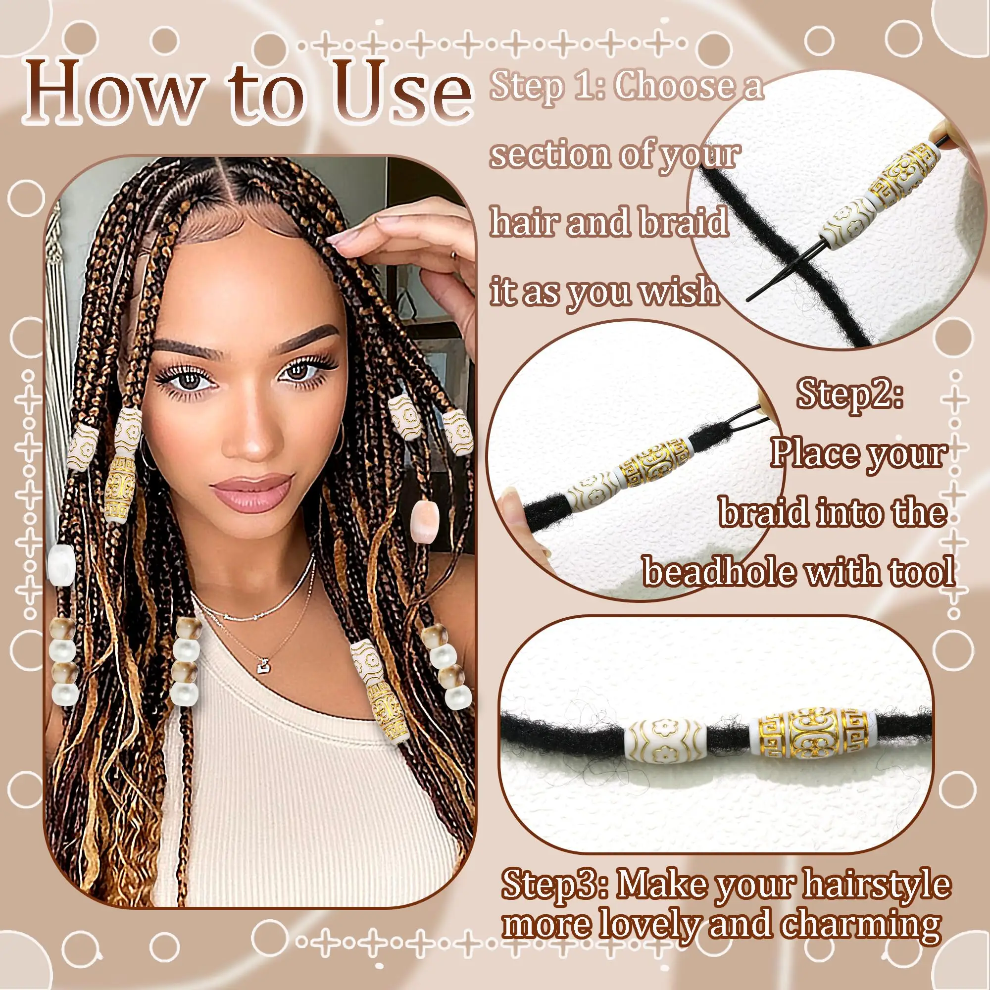 60Pcs Mixed Hair Beads Set Vintage Barrel Hair Cuffs Beads Retro Gold Pattern Hair Beads
