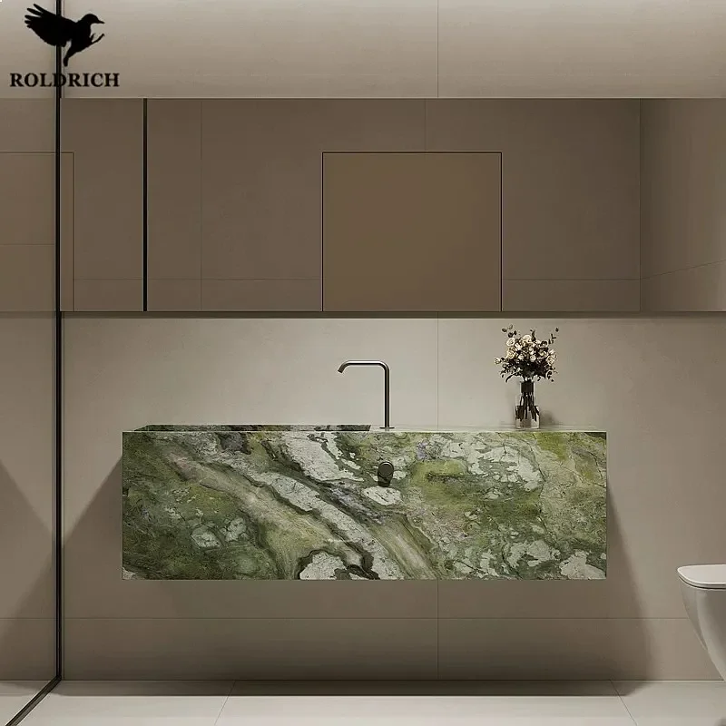 80 N Avocado Green Marble Slim Edge Wall-Mounted Deep Basin Undermount Bathroom Sink