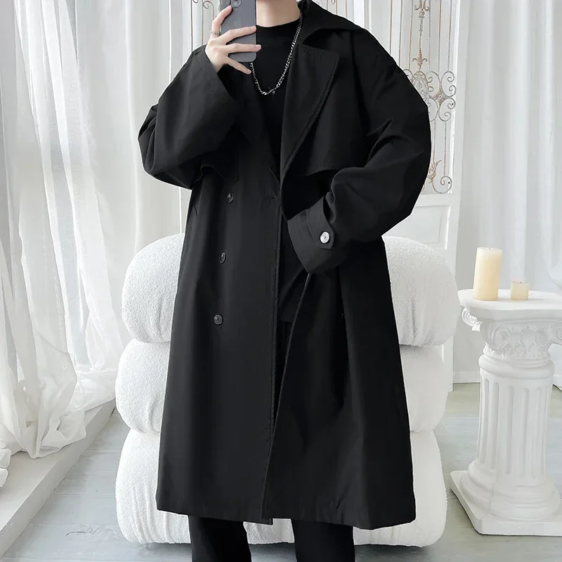 

2025 Men Korean Style Trench Coat Men Streetwear Black Trenchcoat Men Business Casual Loose Windbreaker Man Long Overcoat
