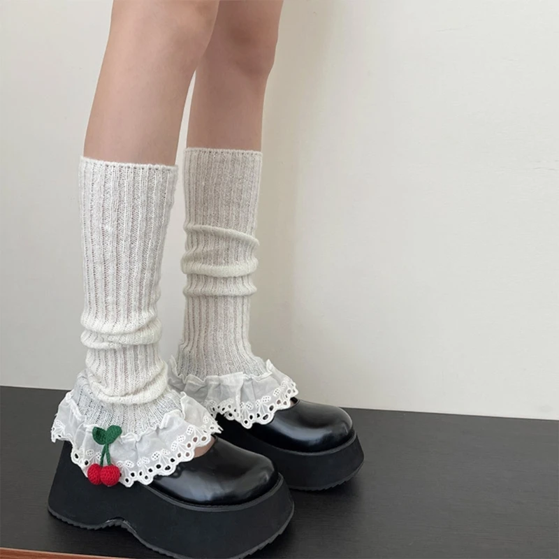 Women Girl Aesthetic Ribbed Knit Leg Warmer Socks with Cherry Bowknot Japanese Ruffled Lace Trim Leg Cover Boot Cuffs