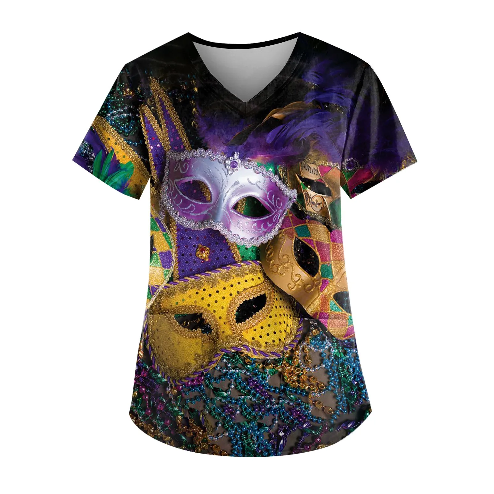 Women's Mardi Gras Nurse Uniform Carnival Themed Outfit Party Mask Pattern Caregiver Top New Fashion T-shirts Women's Blouse