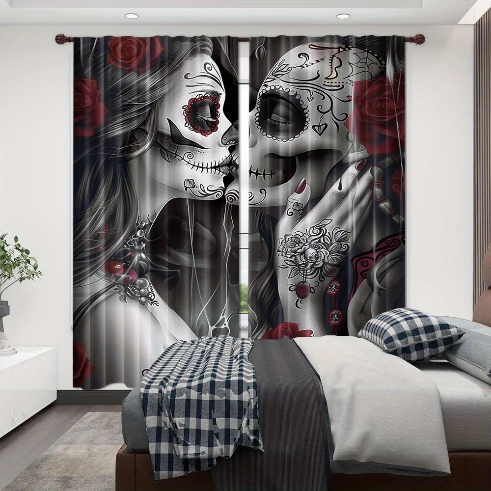 Day of the Dead Couple Curtain, Sugar Skull and Roses Window Drapes, Gothic Halloween Decor for Bedroom Living Room