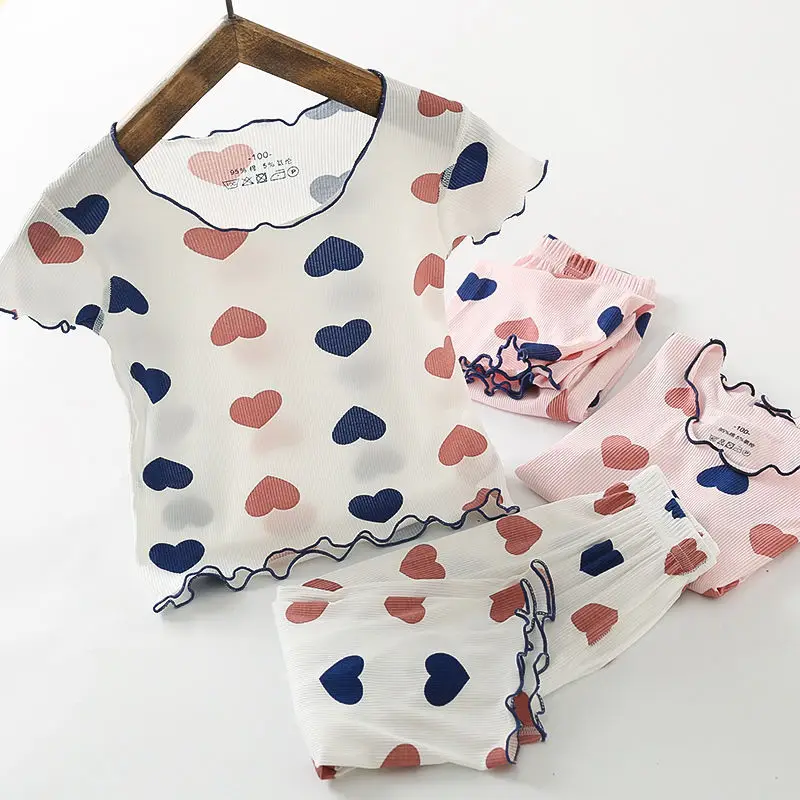 Girls Ice Silk Pajama Set – Summer Thin Two-Piece Sleepwear with Heart Print & Ruffle Hem, Breathable Air Conditioning Suit