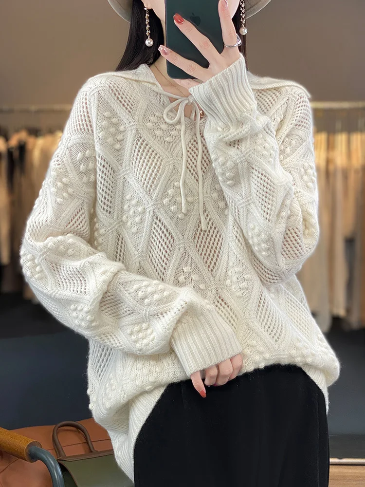 Addonee sweter Pullover kerah pelaut berongga wanita sweter musim semi musim gugur kenyamanan Grace 100% atasan rajut wol Merino atasan gaya Korea