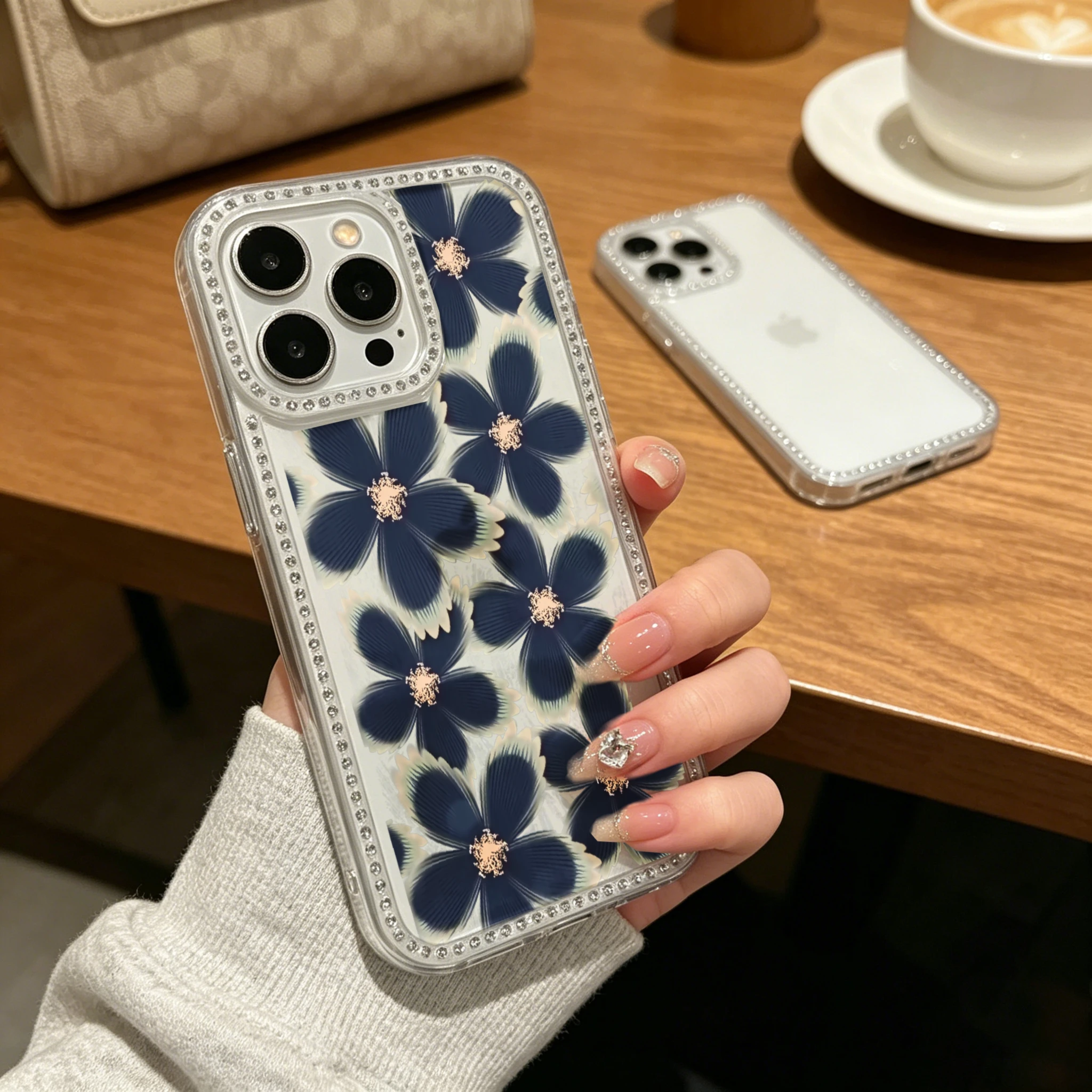Clear Bling Rhinestone TPU Phone Case  Elegant Floral, Navy Blue Flowers With Rhinestone Accents And Pearl Border Design  Shockproof Slim Protective Cover for iPhone 12-16 All Models view 2