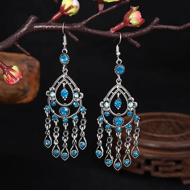 Chinese style long alloy earrings for women, multi-layer cross-border retro point diamond earrings wholesale, Amazon source