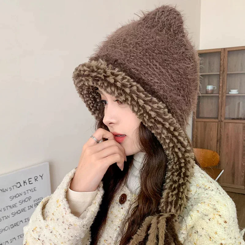 New Winter Windproof Warm Cute Bear Ear Knit Hat With Soft Ear Protection