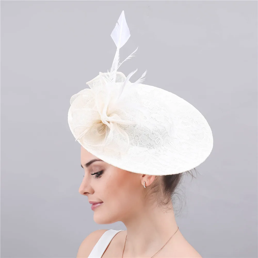 Beige Wedding Hats Fascinators For Bride 30CM Big Elegant New Cute Style Floral Dot Veil Bowler Hat Women Banquet Party Headwear