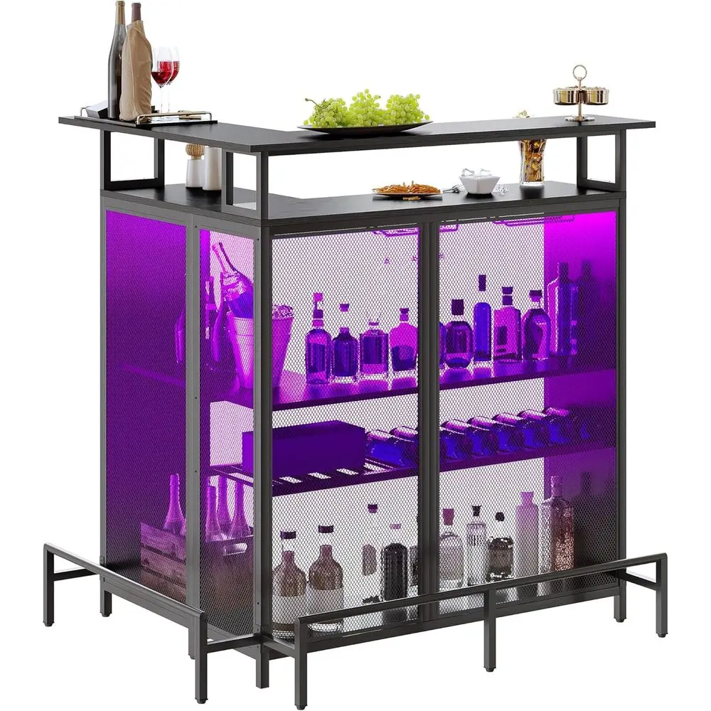 Unità bar a forma di L controllata a LED con tavolo per liquori a 4 livelli, portabottiglie, contenitore e portabicchiere per cucina pub in nero