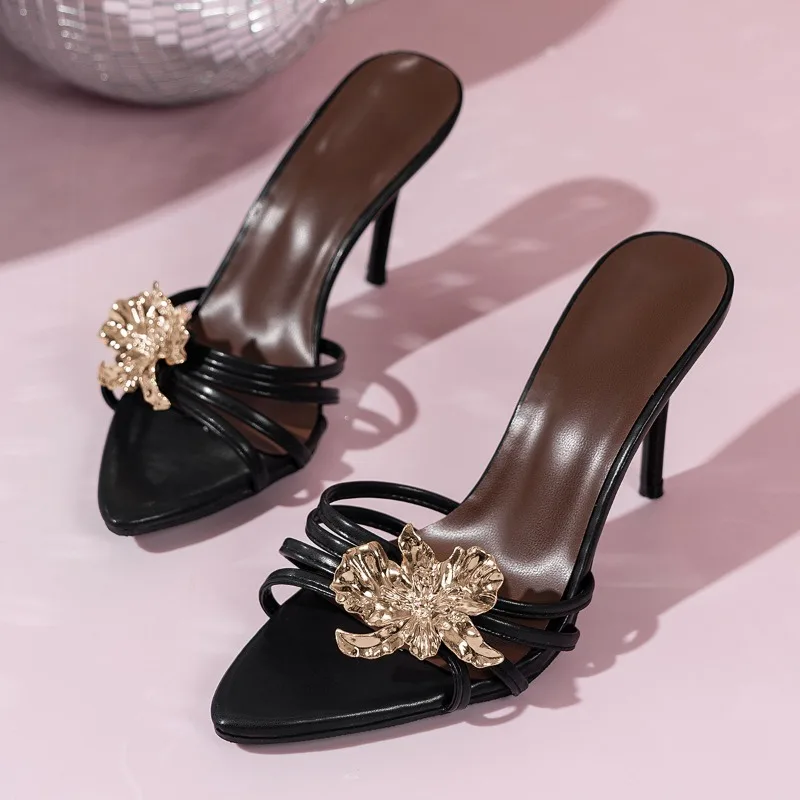 

Pointed Toe High Heels Women Slippers Shoes 2025 Summer Sexy Party Dress Sandals Stiletto Flower Flip Flop Slingabck Slides