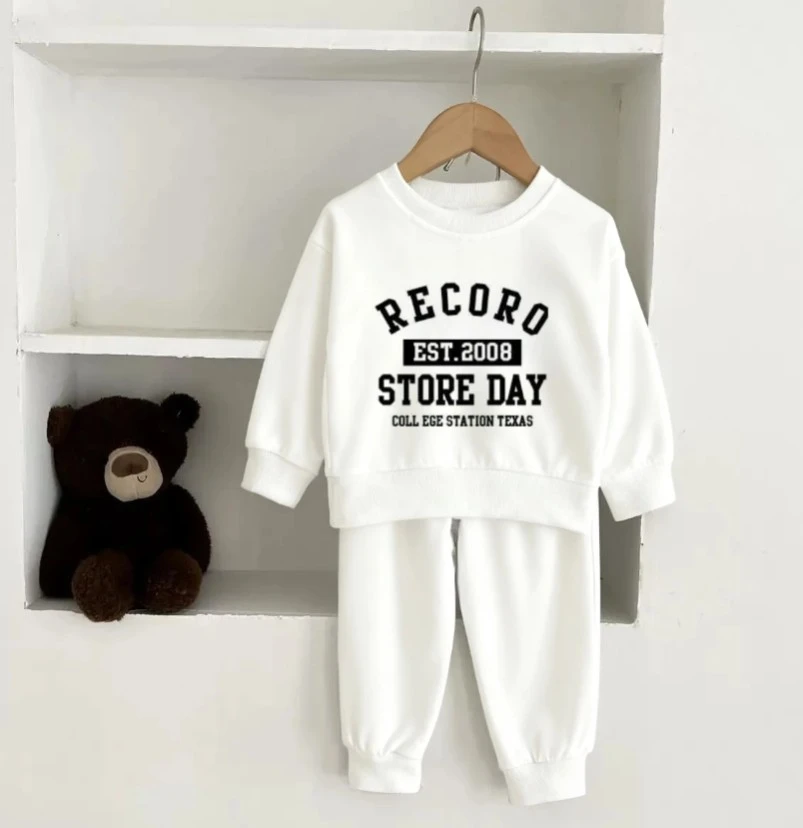 Kids RECORO EST 2008 Letter Print Two Piece Tracksuit Boys Girls Crewneck Sweatshirt And Elastic Cuff Jogger Pants Soft Wear Set