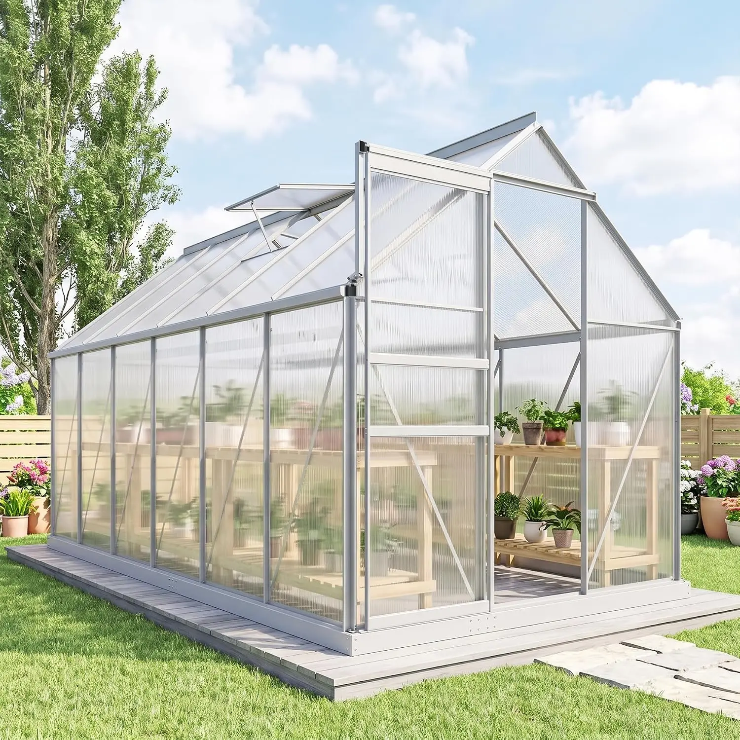 6' x 12' x 6.5' Polycarbonate Greenhouse Roof Vent Walk-in Silver, Customized