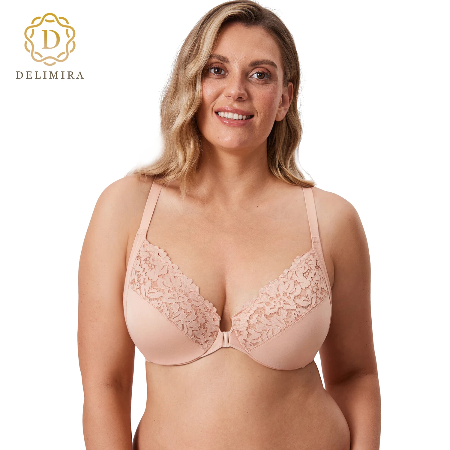 

DELIMIRA Women's Plus Size Front Closure Bras Racerback Lace Full Coverage Underwire Unlined Support Bra