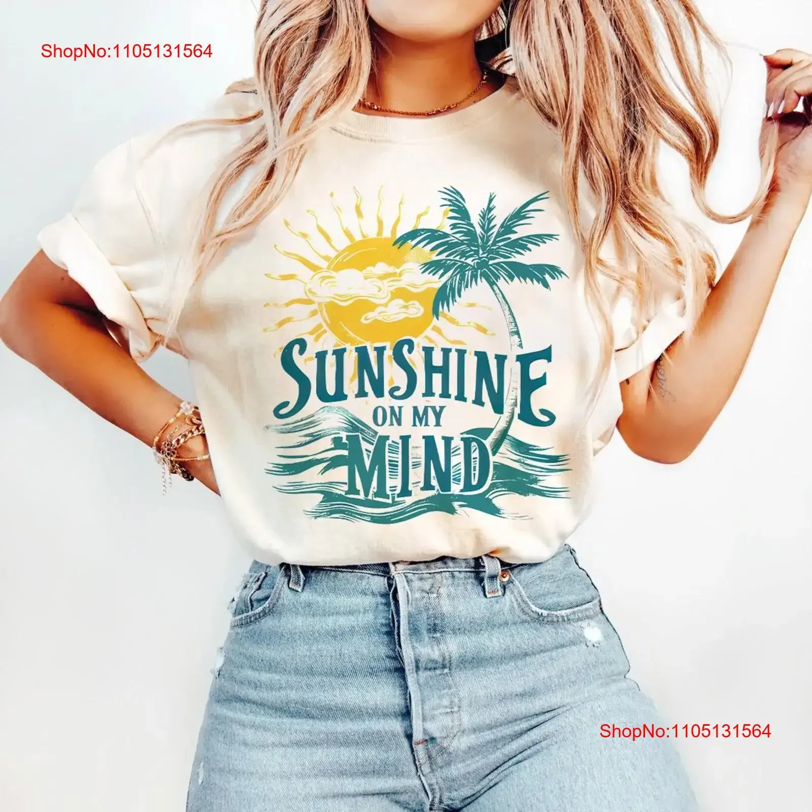 Sunshine on My Mind T Shirt Summer Beach Palm Tree natural vintage Washed Unisex Top For Everyday Wear designer clothes