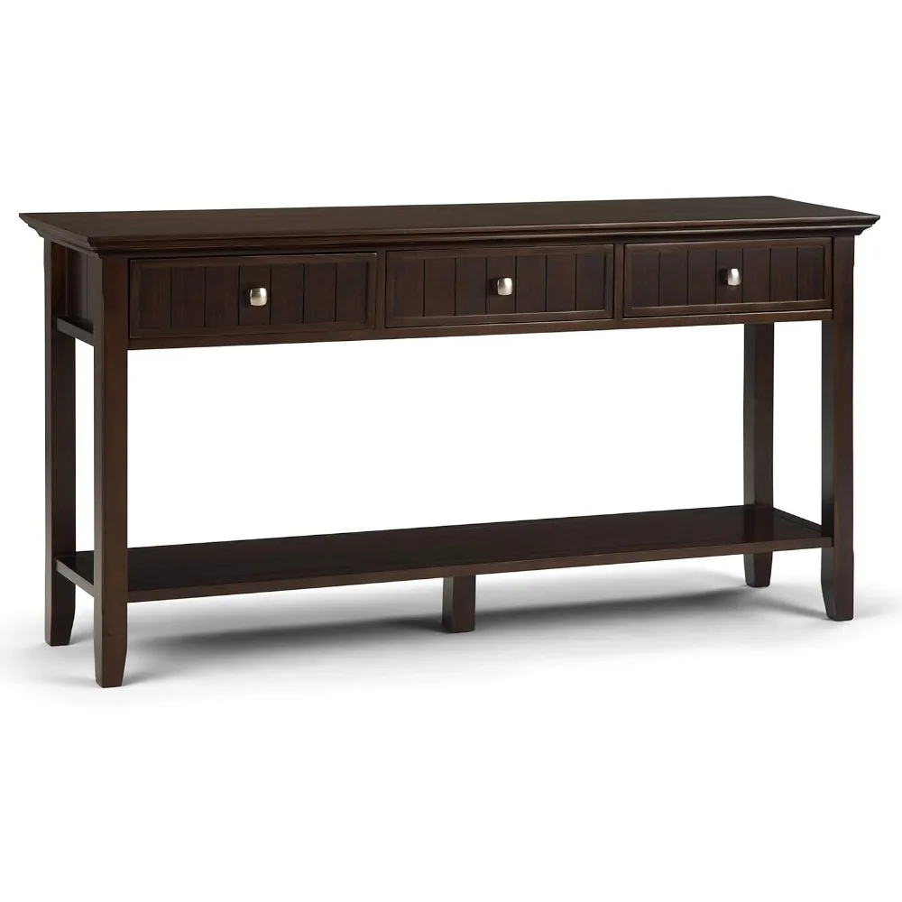 Acadian SOLID WOOD 60 inch Wide Transitional Modern Wide Console Sofa Entryway Table in Brunette Brown with Storage,