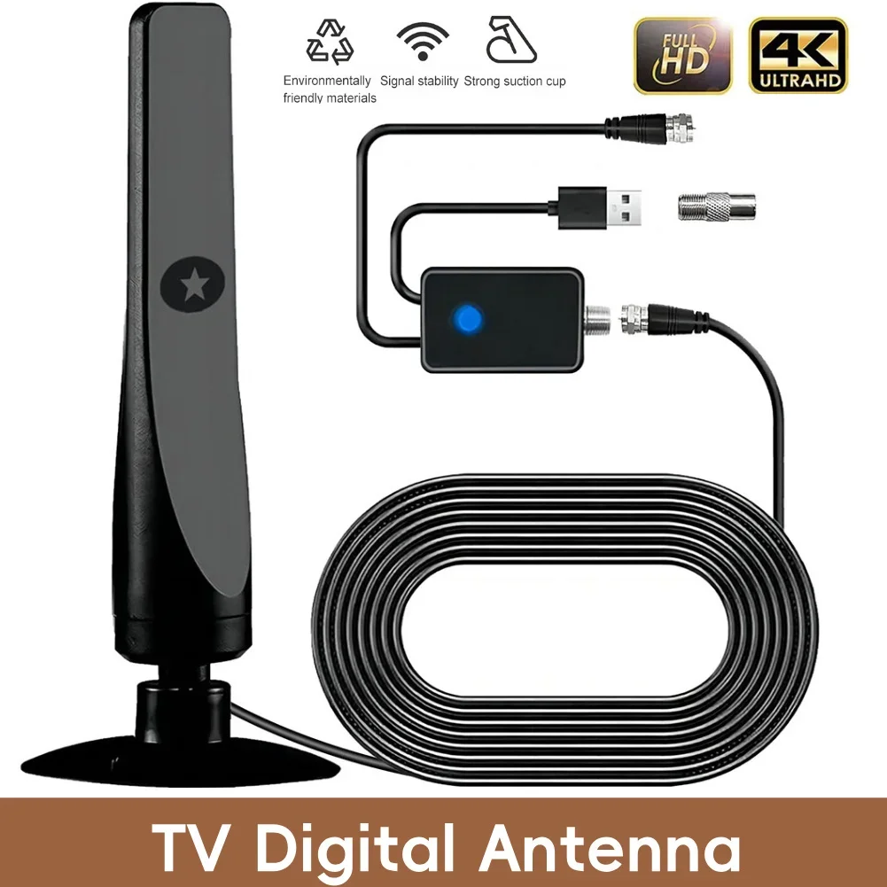 TV Digital Antenna Support 4K 1080P Portable Antenna 50 Miles Range Suction Cup TV Antenna 25DBI Plug Play for Smart Digital TV