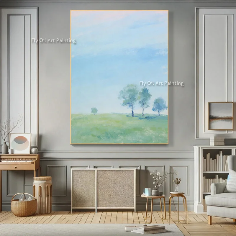 Simple Home Wall Decor Items Hand Painted Light Blue Sky And Green Land Canvas Oil Painting New Green Tree Landscape Artwork
