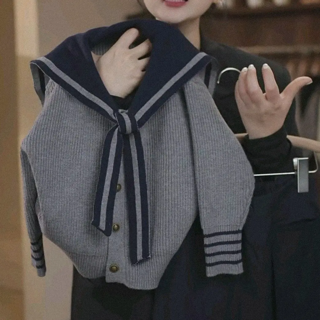 Boys and Girls Navy Collar Sweater Jacket, Knitted Cardigan Korean Version Baby Girls' New Children's Top