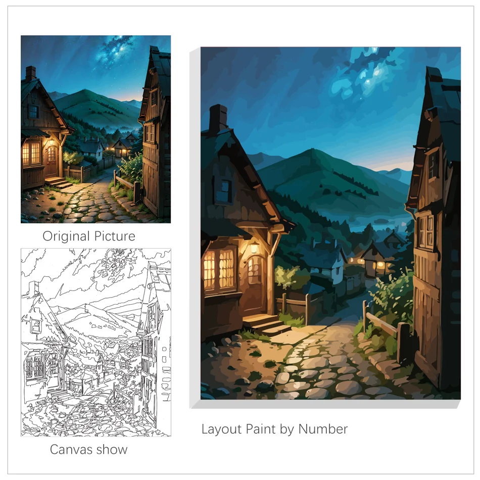 RUOPOTY-pintura por números para adultos, Kits de paisaje de cabina nocturna, artesanías, lienzo para regalo Diy con marco