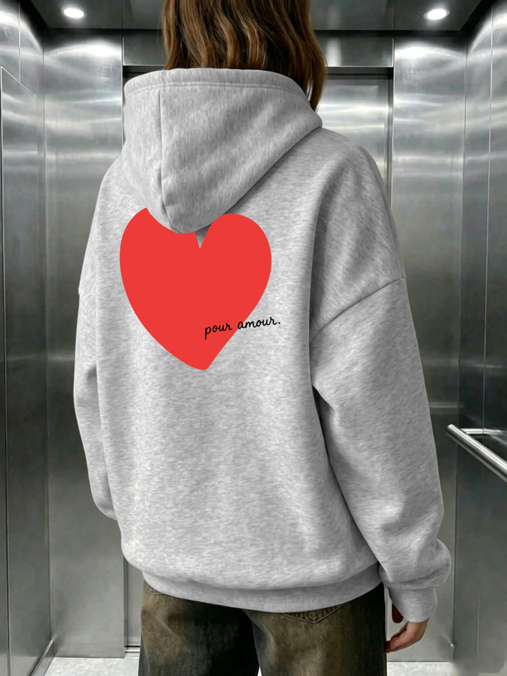 Pour Amour Heart Bedruckte Kapuzenpullover für Damen, lässige Sweatshirts mit Taschen, Winter-Fleece-warme Pullover, sportliche, lockere, bequeme Kleidung