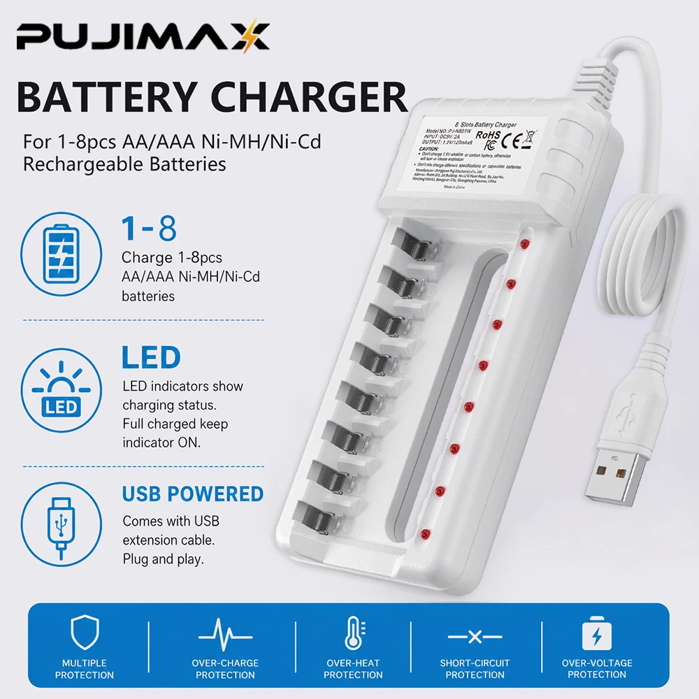 PUJIMAX AA/AAA Battery Charger 8/6Slot Intelligent LED Indicator USB Charger for Ni-MH/Ni-Cd Rechargeable AA/AAA Battery Charger