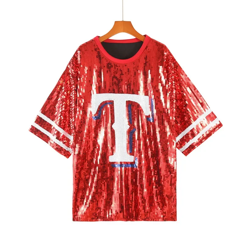 

2026 Spring Summer New Fashion Sequin Women Short Sleeved T-shirt Simple Round Neck Team Female Top HotSale