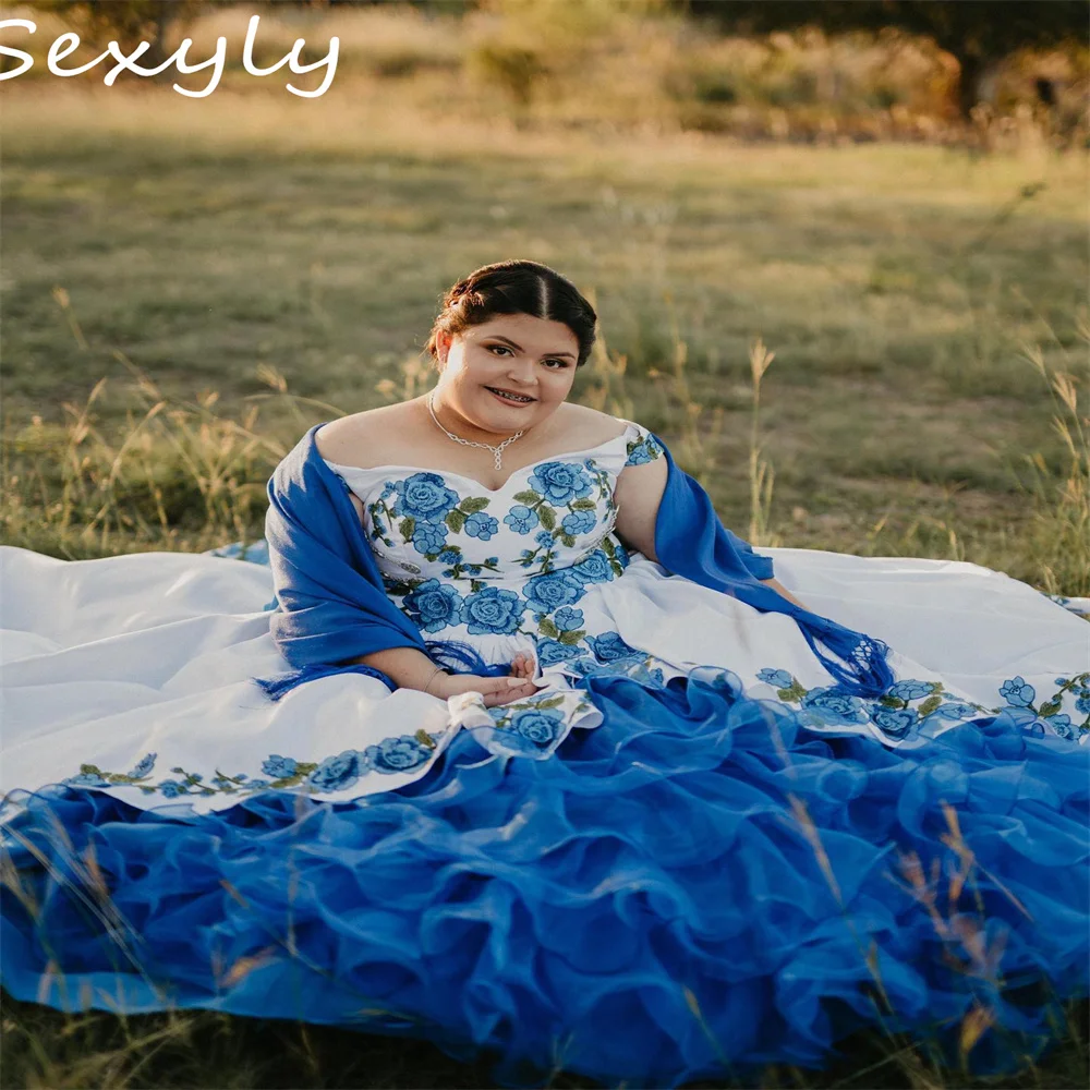 Mexican Charro Blue Quinceanera Dresses 2023 Plus Size Off Shoulders Puffy  Prom Dress With Bow Lace Up Tiered Ruffles Flower