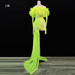 2022 neon green mesh dress sexy spaghetti strap See-through Detachable with tail party wedding birthday outfits for women stage