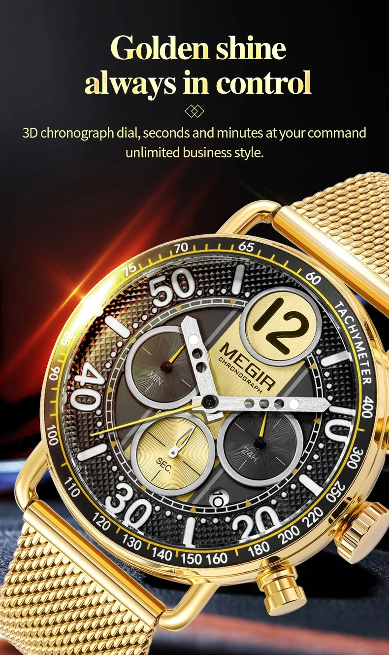 MEGIR Waterproof Quartz Watch with Blue Dial Chronograph Stainless Steel Mesh Strap Date Multifunctional Sports Wristwatch Brig