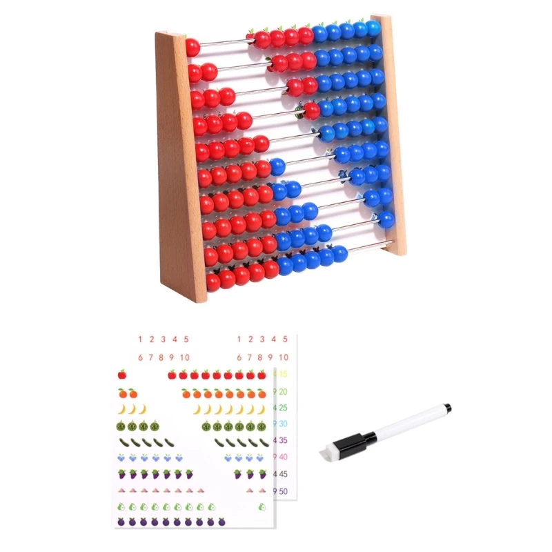 Wooden Abacus with Red and Blue Beads, Ten-Row Math Counting Frame Set with Practice Cards and Pen for Home and Preschool F19E