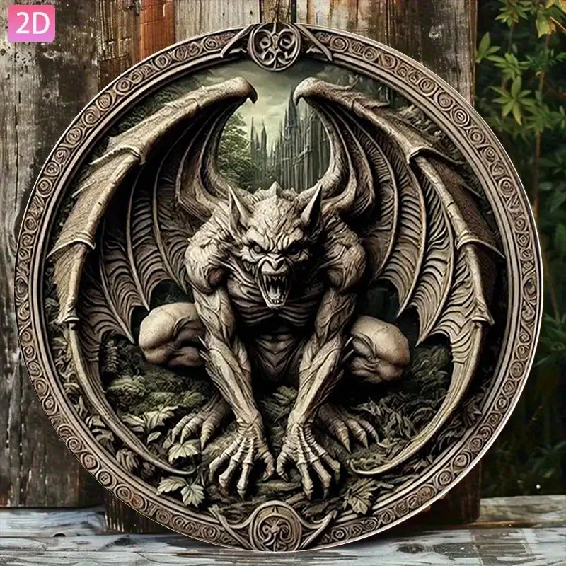 VEXE Placa de pared de metal gótica con diseño de gárgola, decoración de arte retro de hierro de 20x20cm para jardín, exterior, hogar, bar, cafetería