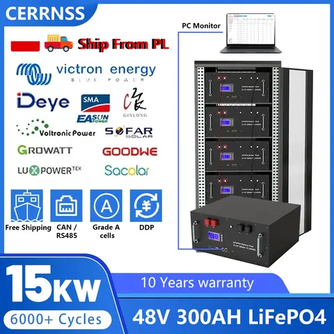 LiFePO4 48V 300AH 200AH 100AH Battery Pack 51.2V 15KW Lithium Solar Battery Rechargeable Battery 6000+ Cycles For Home Storage