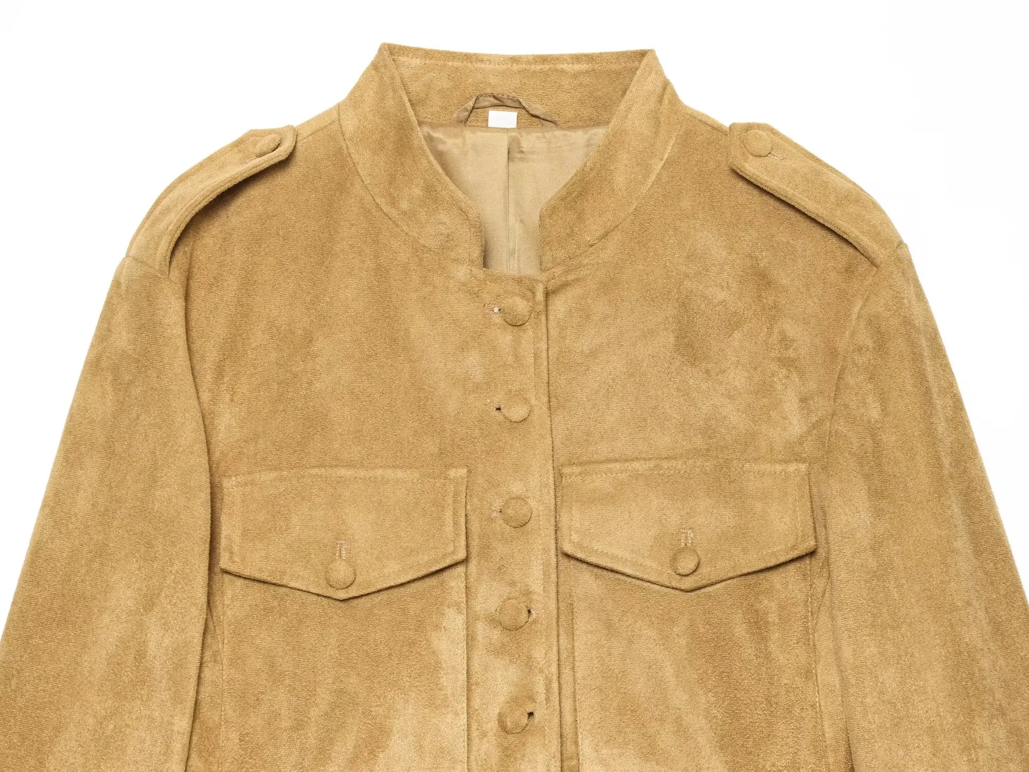 Women's Winter Jacket with Shoulder Tabs New 2026 High Neck Button Pocket Slim Women's Leather Jacket Female Chic Tops