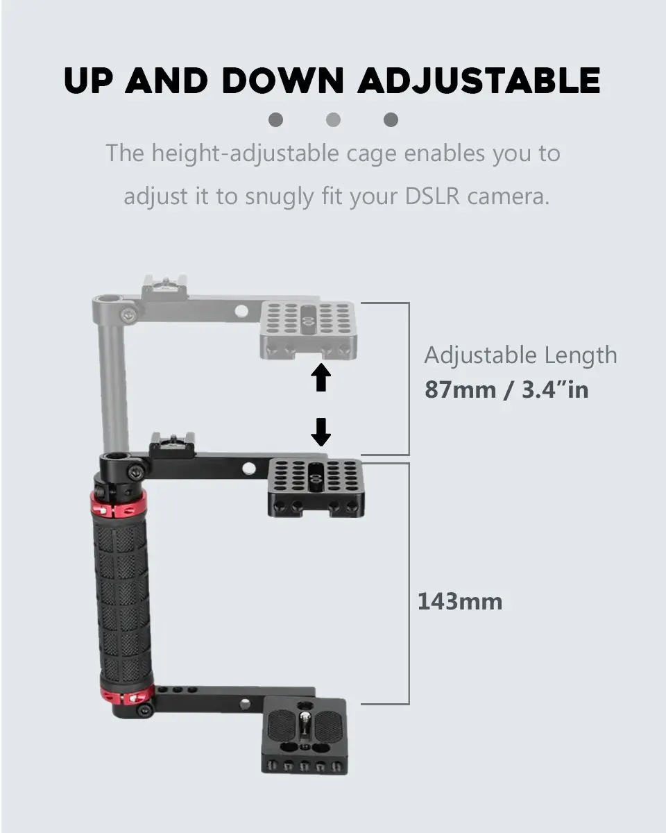 CAMVATE Height-Adjustable Camera Cage With Rubber Side 15mm Rod Handgrip & Cold Shoe Mount for Large DSLRs & Mirrorless Cameras