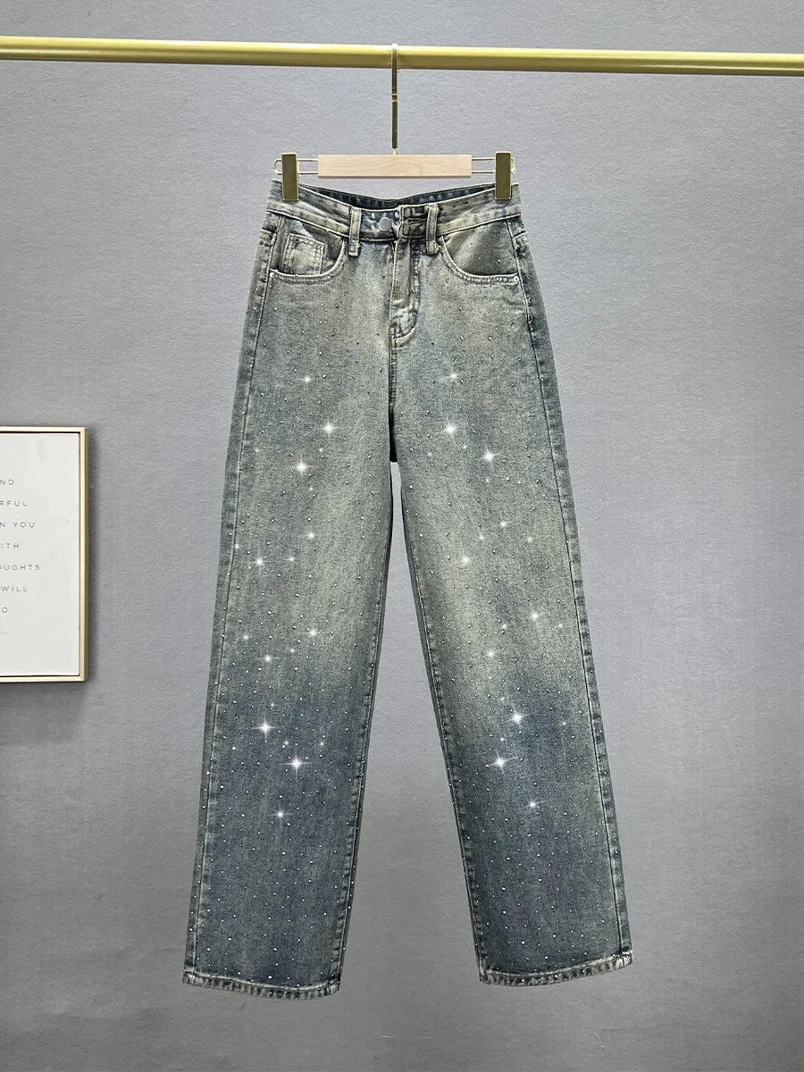 

High Waist Wide Leg Denim Jeans Women's Floor Length Drill Embellied Loose Fit Slimming Drapey Spring Faion