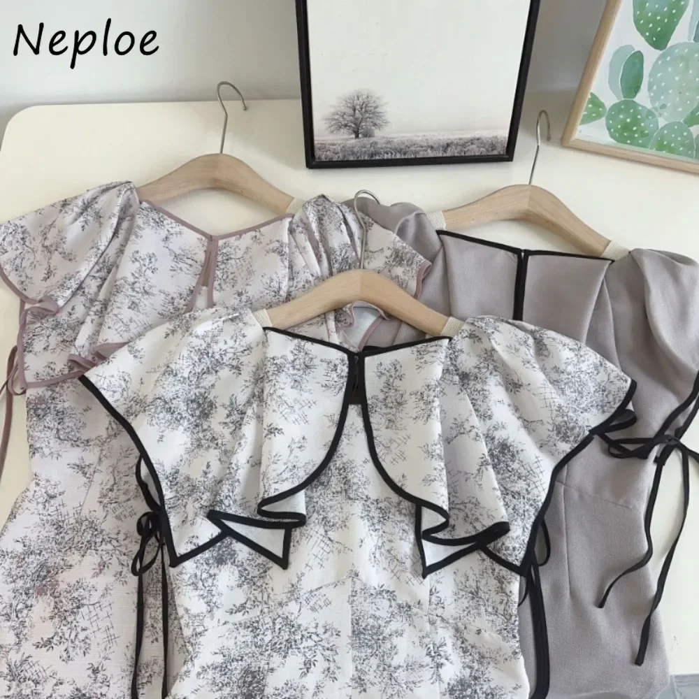 Neploe Elegant Ruffled Sleeveless High Waist Robe Slim Fit Print Panelled Pullover Vestidos Japan New Casual Lace Up Dress