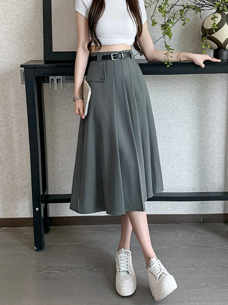 

Юбка миди с завышенной талией, стройнящая фигуру, женская, весенняя, модная, антивозрастная, плиссированная, А-силуэт, из полиэфирного волокна, с эффектом сборки