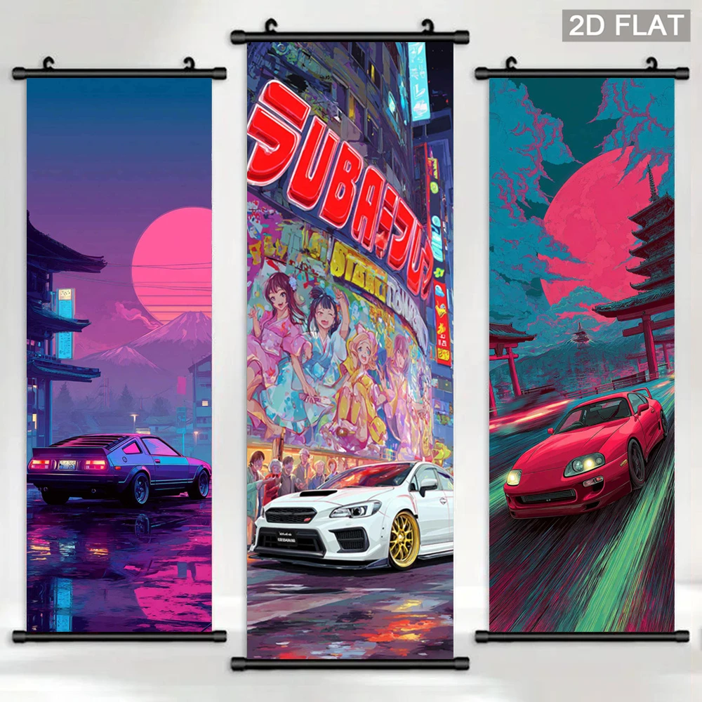VIKAMA Cyberpunk Sports Car Scroll Tapestry, Neon City Anime Girl Mount Fuji Street Racing Wall Decor, Esports Room Home Decor