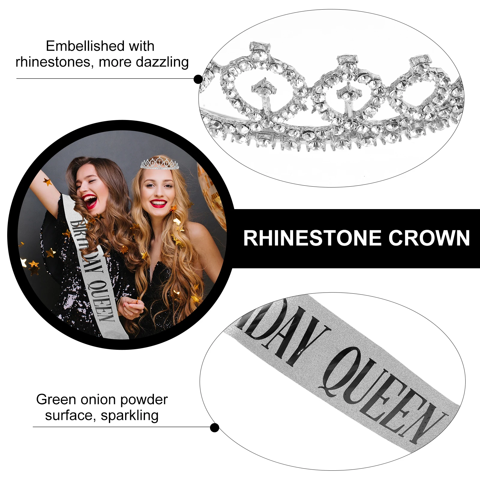 

2pcs Birthday Crown Sash Queen Tiara Rhinestone Hair Hoop Party Headdress Lightweight Sparkle Costume Accessories
