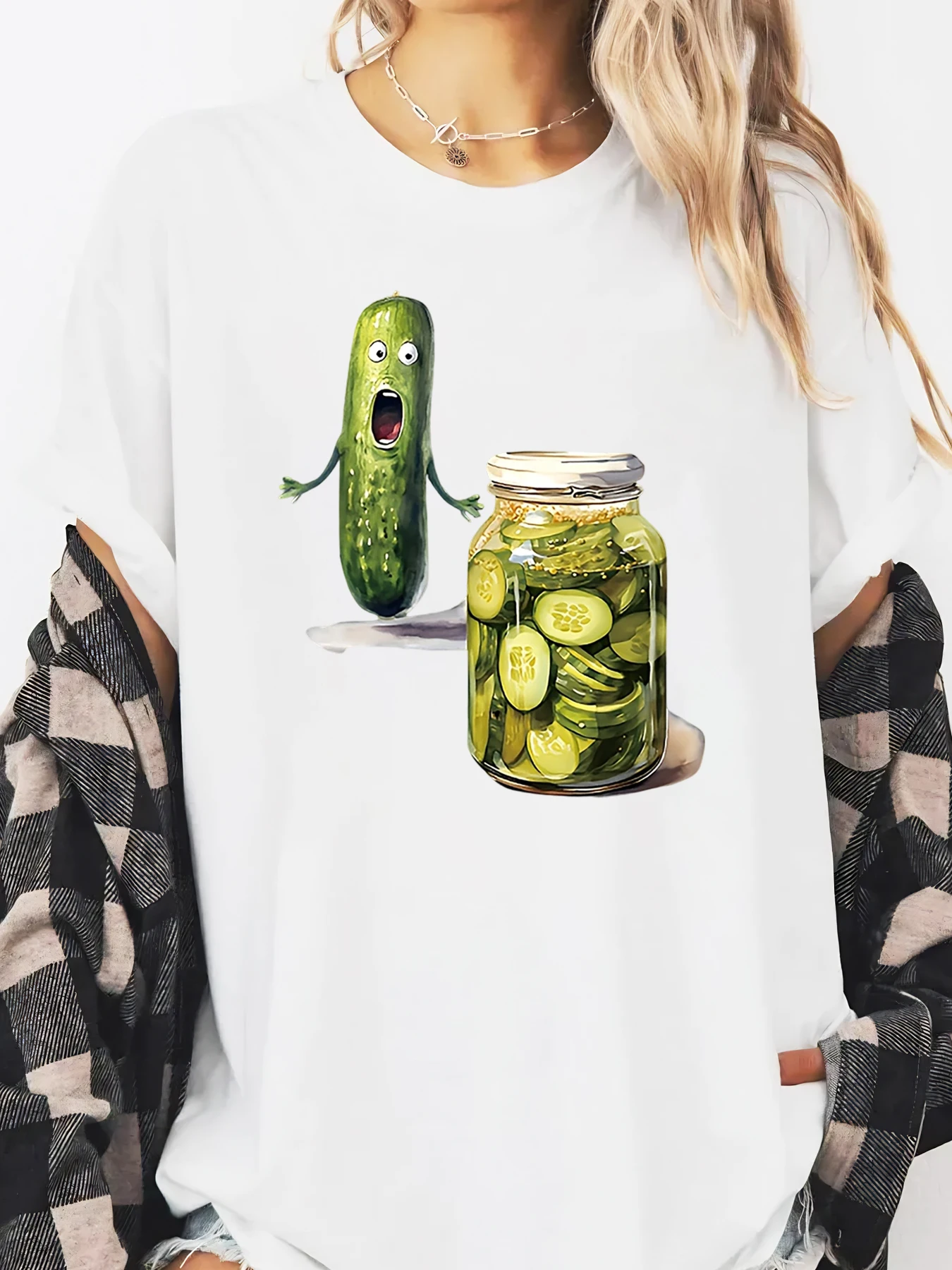 Halloween-T-Shirt mit Gurken- und Gurkenmuster, übergroß, für Damen, Freizeitkleidung, Weiß, Übergröße