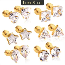 LUXUSTEEL-여성을 위한 6MM 하트 모양 크리스탈 스터드 귀걸이, 남성 스퀘어 라운드 스타 삼각형 스테인레스 스틸 CZ 귀 피어싱 주얼리