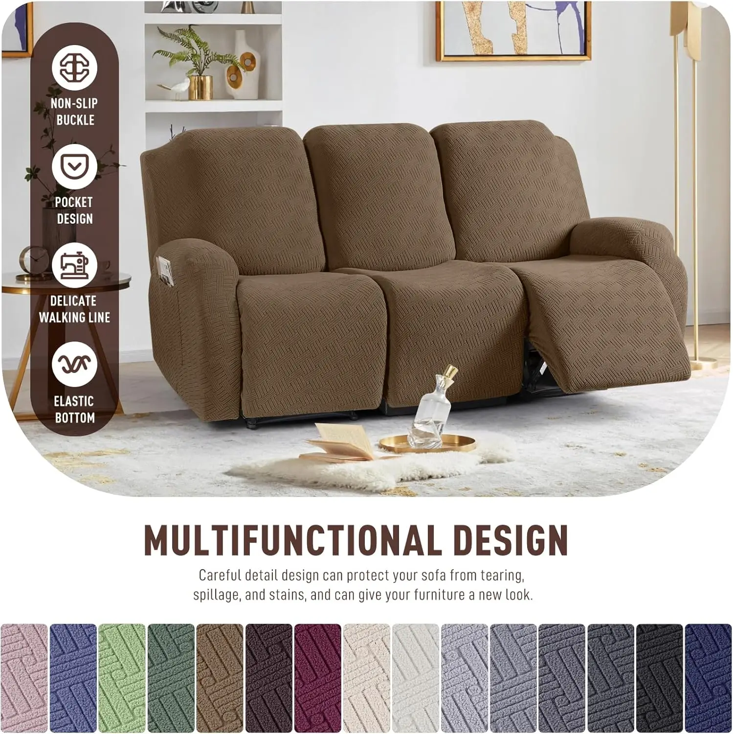 Stretch Recliner Covers, Jacquard Sofa Slipcovers for Pet and Kid Protection, 3-Seater Brown