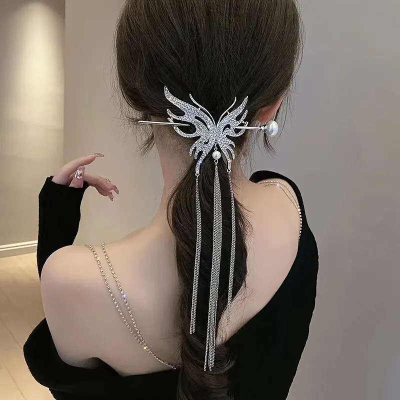 Antique Tassel Faux Pearl Butterfly Hairpin Chinese Style Alloy Hair Claw Clip Vintage Hair Accessories