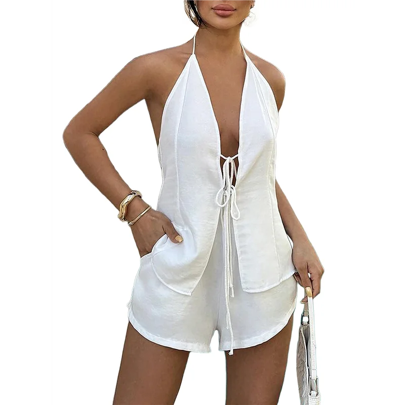 A09P 여성 여름 솔리드 루즈핏 섹시 백리스 홀터 타이 프론트 탑과 하이웨이스트 쇼츠 투피스