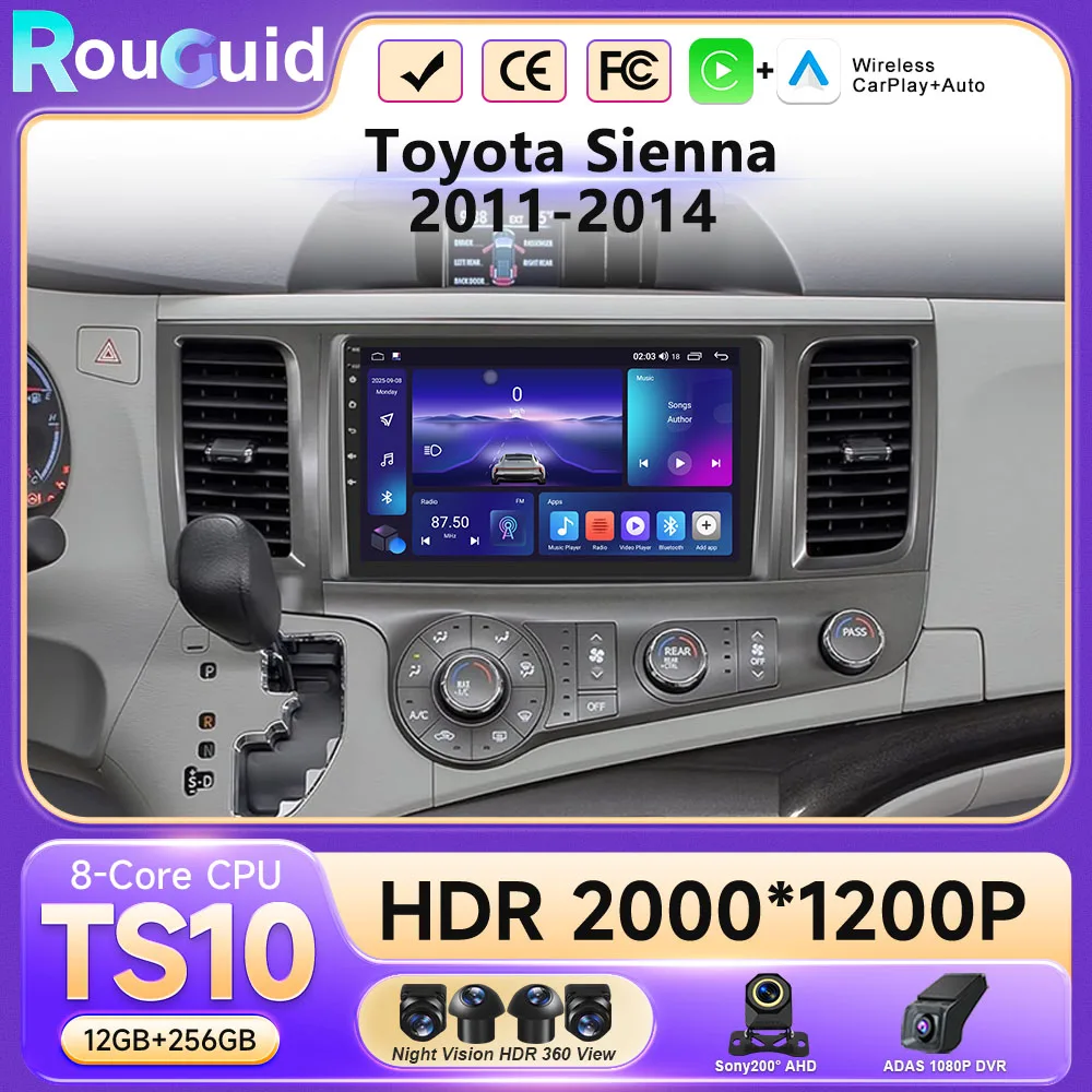 Android 16 Carplay Auto Car Radio Multimedia Video Player For Toyota Sienna  2011 - 2014 Car Autoradio Stereo Touch QLED Screen